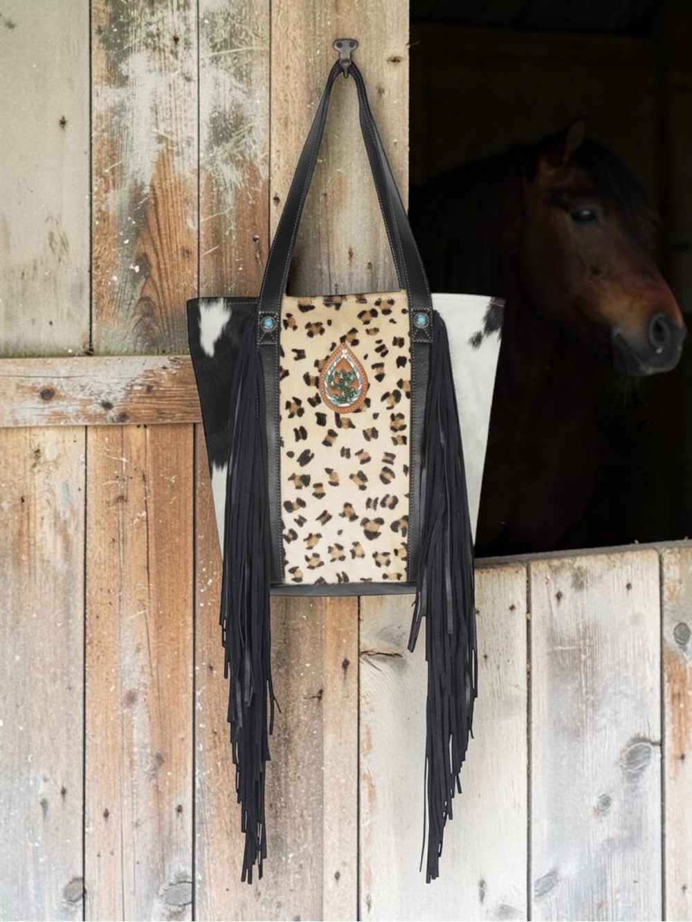 🆕 Myra Bag - Black and Cream - Leopard Haircalf - Ebony Fringe Tote 🌵